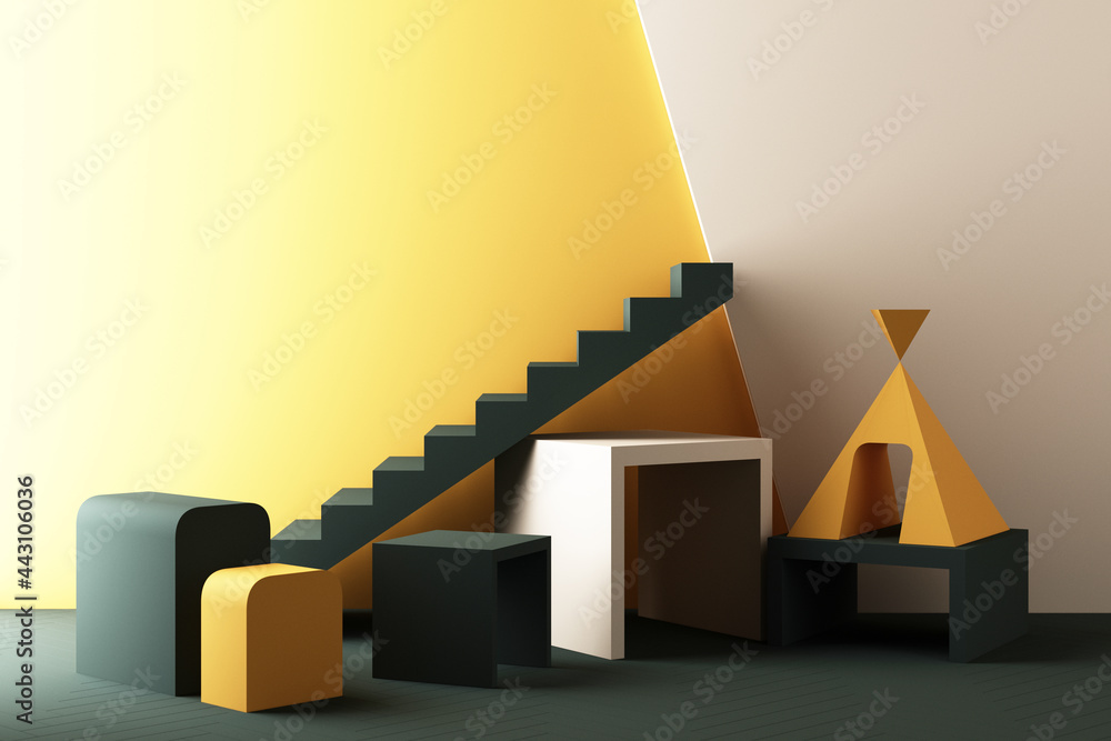 Poster minimal abstract geometric background with direct sunlight in shades of green and yellow. showcase s