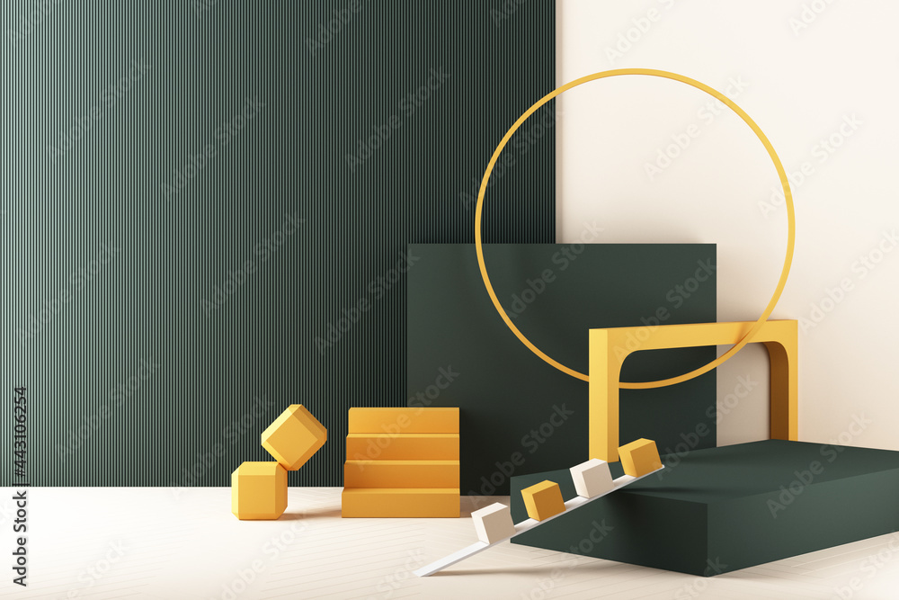 Fototapete minimal abstract geometric background with direct sunlight in shades of green and yellow. showcase s