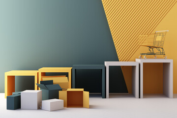 Supermarket shopping cart surrounding by giftbox and geometric shape on green and yellow background. 3d rendering