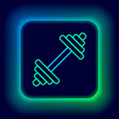 Glowing neon line Dumbbell icon isolated on black background. Muscle lifting icon, fitness barbell, gym, sports equipment, exercise bumbbell. Colorful outline concept. Vector
