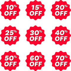 Red sale sticker tags with different discount. Clearance sale sticker emblem. Collection of red promo labels isolated on white vector