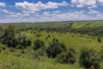 Fototapeta na wymiar Summer beautiful countryside landscape top view with blue sky and white clouds. View of the countryside trees, hills and green fields.