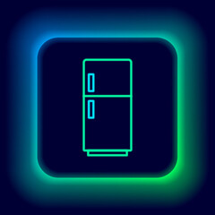 Fototapeta premium Glowing neon line Refrigerator icon isolated on black background. Fridge freezer refrigerator. Household tech and appliances. Colorful outline concept. Vector