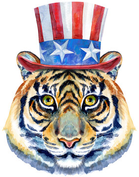 Tiger horoscope character watercolor illustration with Uncle Sam hat isolated on white background.