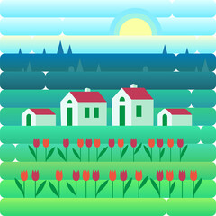 Countryside landscape in nature with flowers and blue sky. Vector illustration in flat and gradient style.