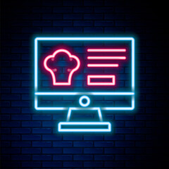 Glowing neon line Online ordering and fast food delivery icon isolated on brick wall background. Colorful outline concept. Vector