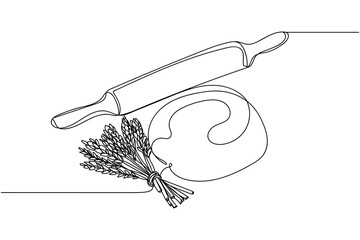 Continuous one line of dough and ears of wheat in silhouette on a white background. Linear stylized.Minimalist.