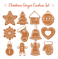 Vector illustration set of Christmas Gingerbread set with white decorative glaze. Ginger cookies in Christmas style isolated on white background in flat cartoon style