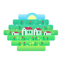 Element a sammer or spring day landscape with small houses and red tulips, against a background of grass, nature, hills. Vector illustration in flat style for design, games or web sites.