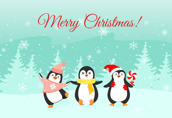 Vector illustration Christmas funny penguins on winter snow background. Concept of winter holiday greeting card with cute cartoon penguins in flat style