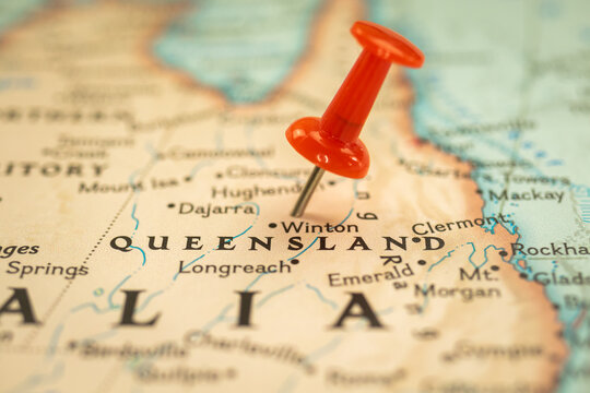 Location Queensland state in Australia, map with push pin close-up, travel and journey concept