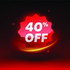 Shiny 40% off discount promotion badge, clearance sale sticker emblem, bargain red sign rosette design on red background. Sale tag vector for labels, stickers, banners or web stickers