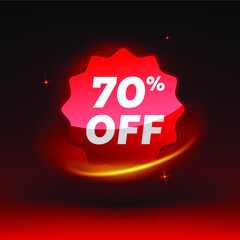 Shiny 70% off discount promotion badge, clearance sale sticker emblem, bargain red sign rosette design on red background. Sale tag vector for labels, stickers, banners or web stickers