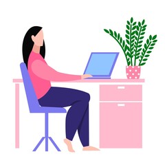 Concept of work at home, online education. Young woman working on laptop at desk. Illustration in flat style isolated on white background.