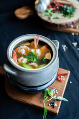 Thai hot and spicy mixed vegetable soup with prawn (Gang Liang Goong) - Asian food style