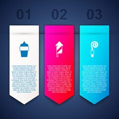 Set Ice cream in waffle cone, Firework rocket and Birthday party horn. Business infographic template. Vector