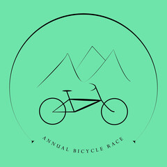 Minimalist bicycle race competition logo with a simple illustration. Bike club icon with circular shape, mountains, and text at the bottom. 