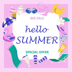 Promo web banner template for summer sale.
 lettering and cute cartoon elements. Vector illustration

