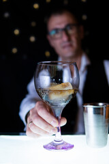 Barman serving cocktails in a disco bar with a shaker