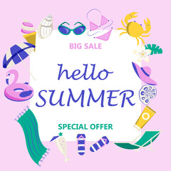 Promo web banner template for summer sale.
 lettering and cute cartoon elements. Vector illustration

