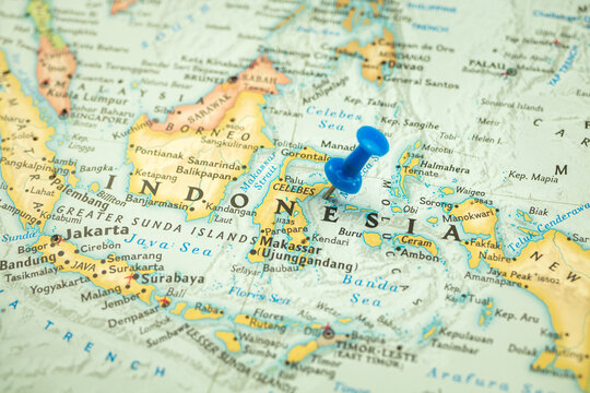 Location Indonesia, map with push pin close-up, travel and journey concept, Asia