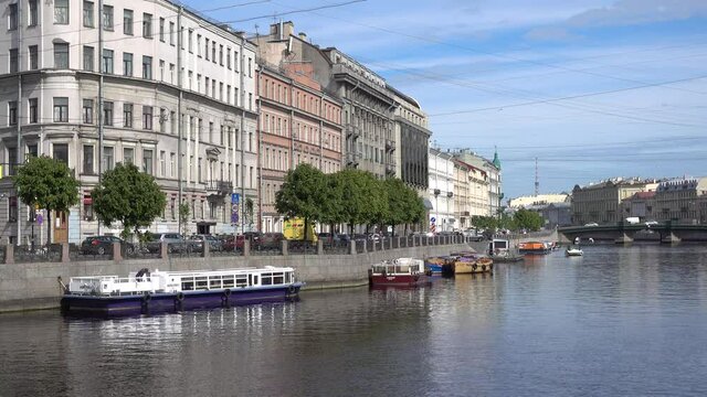 Fontanka river, embankment, summer day. Russia, Saint Petersburg June 2021