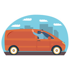 Happy man drives a car. Active holidays or Domestic tourism concept. Time to travel, сartoon vector illustration  

