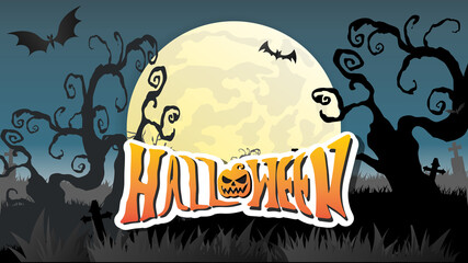 Halloween handwritten in the overgrown forests in cemeteries with moon and bats , Happy Halloween day , illustration Vector EPS 10