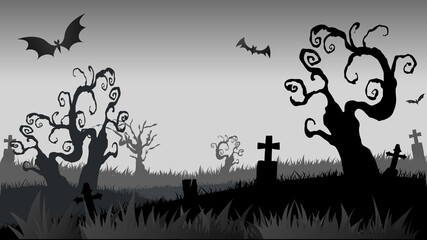 Fototapeta na wymiar The overgrown forests in cemeteries with bats in Happy Halloween day , illustration Vector EPS 10