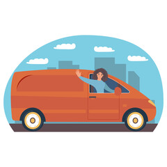Happy girl drives a car. Active holidays or Domestic tourism concept. Time to travel, сartoon vector illustration  

