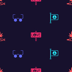 Fototapeta premium Set Flag peace, Glasses, Peace and Marijuana joint, spliff on seamless pattern. Vector