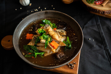 stir-fried rice noodles with Seabass, kale and sticky gravy sauce, Thai food - Asian food style