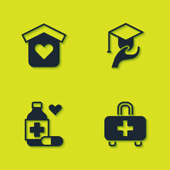 Set Shelter for homeless, First aid kit, Medicine bottle and pills and Education grant icon. Vector