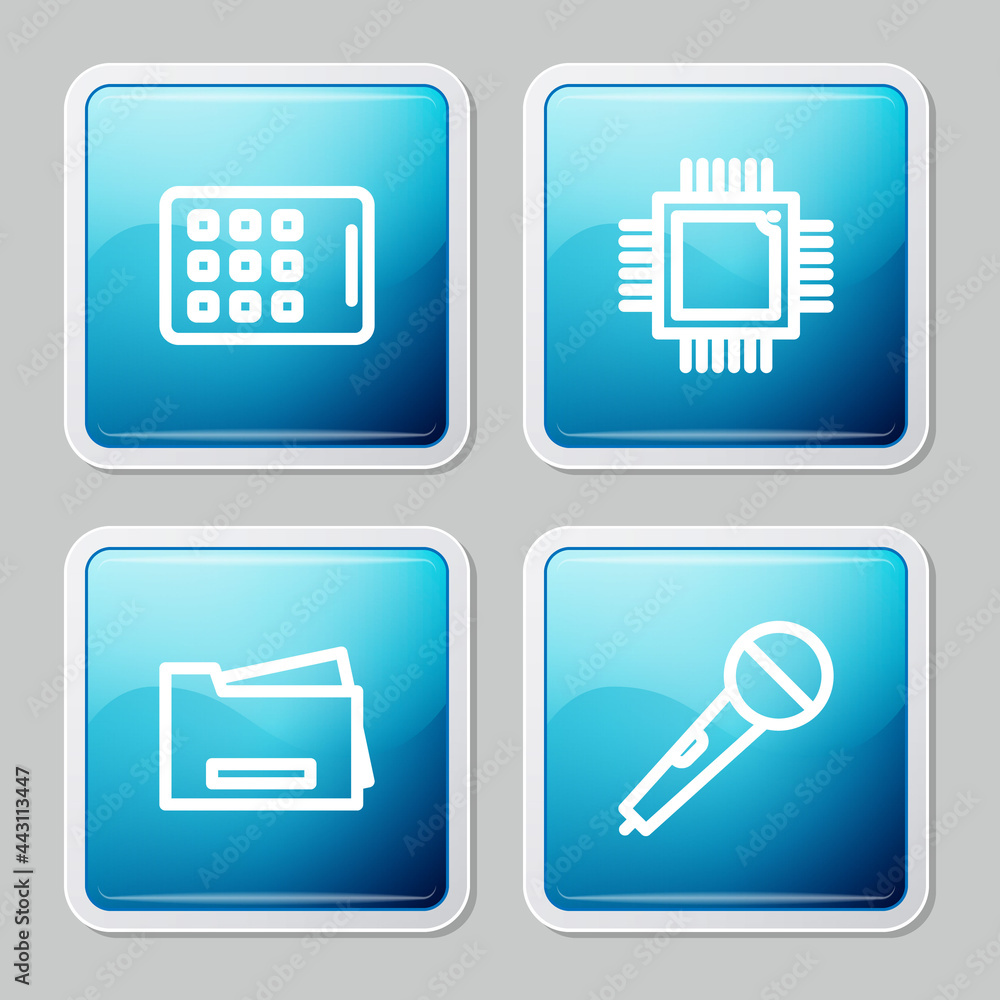 Aufkleber set line graphic tablet, processor with microcircuits cpu, printer and microphone icon. vector