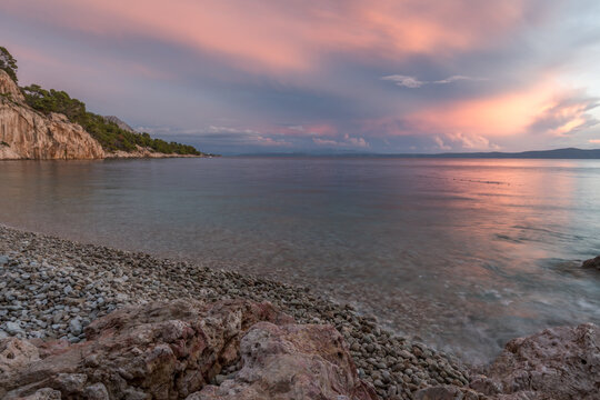 Beautiful sunset at Nugal beach, Makarska