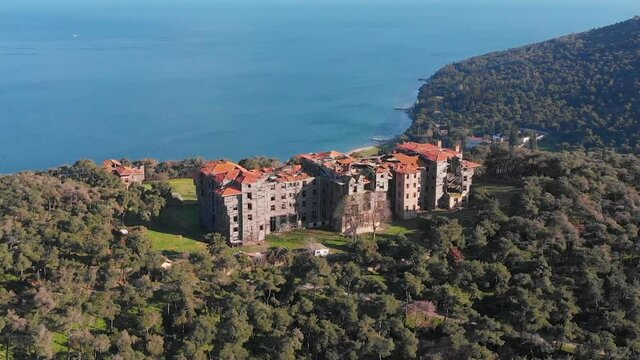 Aerial drone view of Buyukada Rum Yetimhanesi Prince islands or Adalar Istanbul