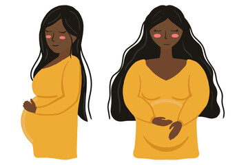 Isolated vector illustration pregnant woman with yellow dress and dark brown hair