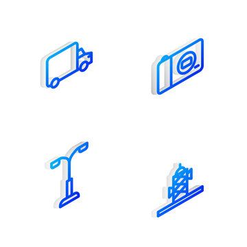 Set Isometric line Photo camera, Delivery cargo truck, Street light and Antenna icon. Vector