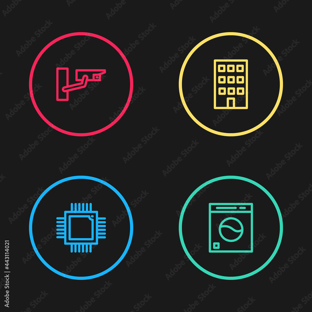Aufkleber set line processor with microcircuits cpu, washer, house and security camera icon. vector