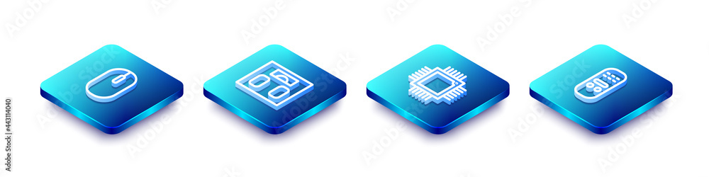 Poster set isometric line computer mouse, bathroom scales, processor with microcircuits cpu and remote cont