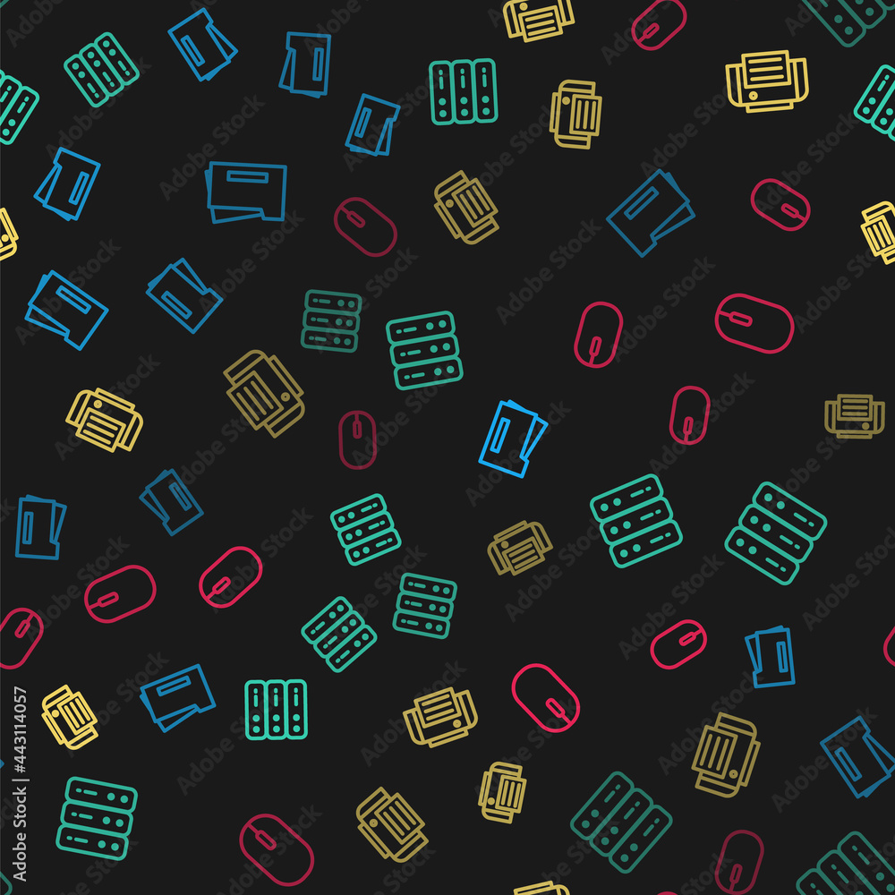 Poster set line printer, server, data, web hosting, and computer mouse on seamless pattern. vector