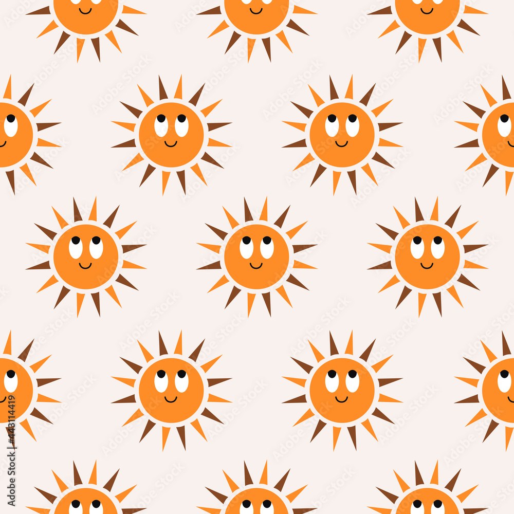 Poster Minimalistic abstract seamless pattern with сute smiling sun on pastel background. Bohemian pattern for wallpaper, textile, fabric, interior design. Modern vector illustration. 