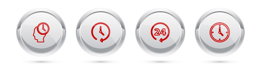 Fototapeta premium Set line Time Management, Clock, 24 hours and . Silver circle button. Vector