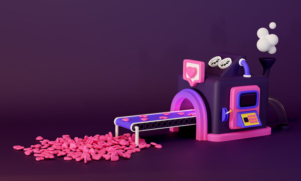 Concept for social media. Factory that produces likes. 3d render