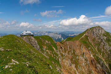 Fototapeta na wymiar View of Eisenerzer Reichenstein and Reichenstein hut, Präbichl, Austria