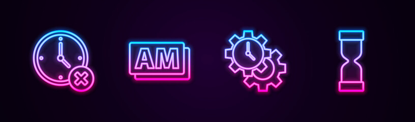 Set line Clock delete, AM, Time Management and Old hourglass. Glowing neon icon. Vector