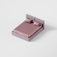 double classic bed with headboard isolated in studio on white background, household items, isometric, template or banner, 3d rendering