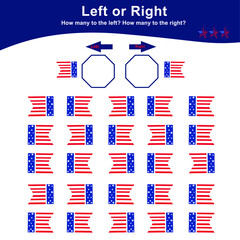 Left or Right Game for Preschool Children with Fourth July theme. Educational printable math worksheet. Additional math for kids. 