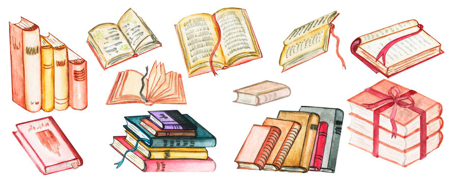 Watercolor clipart Stationery, Books and Paints.Subjects for school. Watercolor illustration collection of many vintage books,stacks of old books with beautiful color cover.