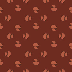 Fototapeta na wymiar Vegeterian food seamless pattern in geometric style with doodle champignon print. Maroon background.